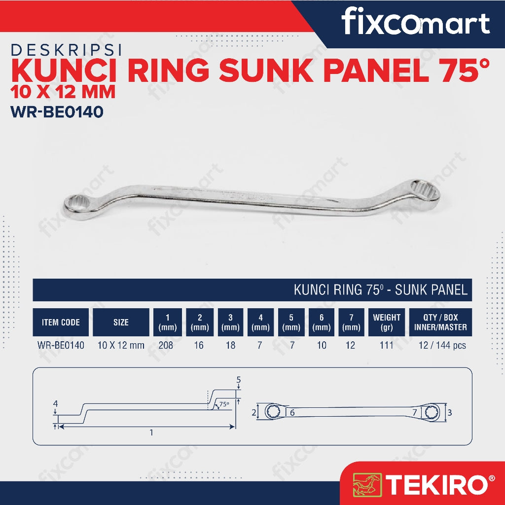 TEKIRO Kunci Ring 75 Derajat - Sunk Panel - 10x12 mm