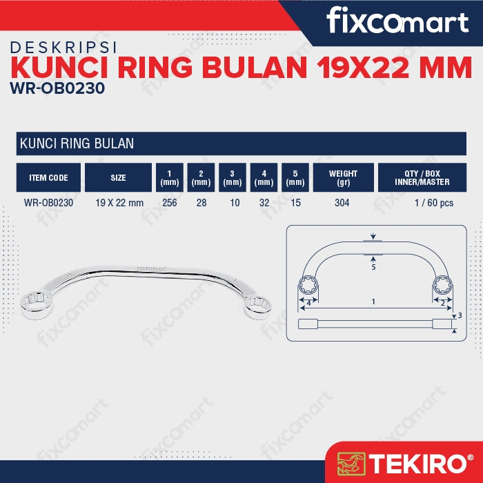 Tekiro Obstruction Wrench / Kunci Ring Bulan 19X22 mm