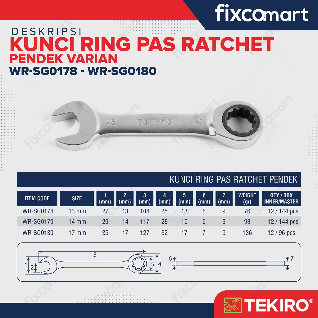 Tekiro Kunci Ring Pas Ratchet Pendek 12 - 13 Mm