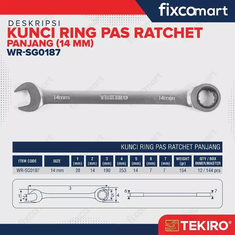 Kunci Ring pas Ratchet 14 mm / Tekiro Single Gear Wrench FIXCOMART