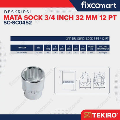 Tekiro Socket 3/4 inch 32 mm 12 PT / Mata Sock 3/4 Inch FIXCOMART