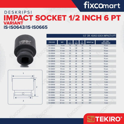 TEKIRO Mata Sock Deep Impact 1/2 inch DR 6 PT 10 mm FIXCOMART