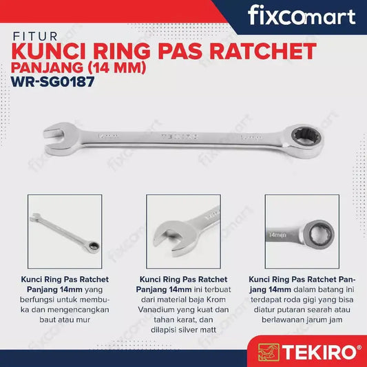 Kunci Ring pas Ratchet 14 mm / Tekiro Single Gear Wrench FIXCOMART