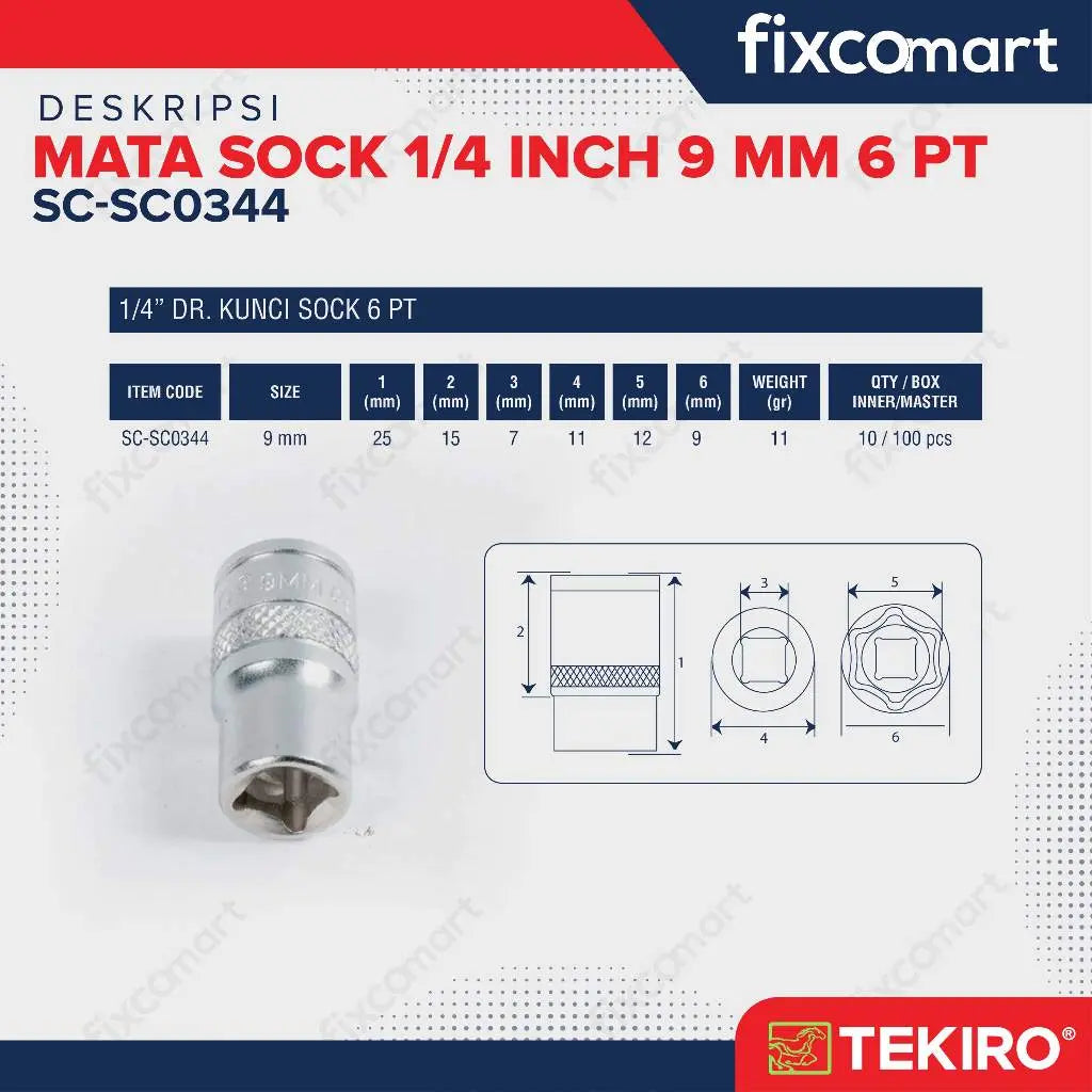 Tekiro Mata Sock 1/4 Inch 9 Mm 6 Pt FIXCOMART