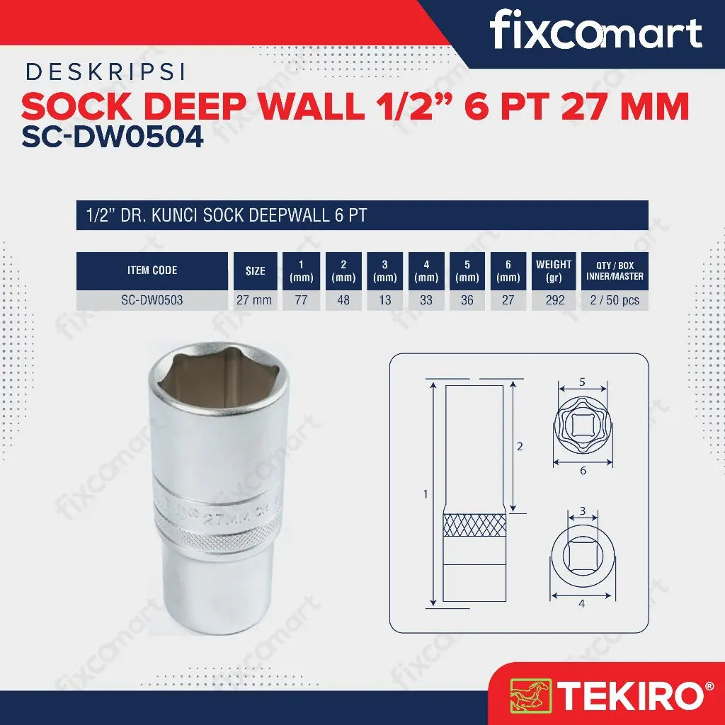 Tekiro Mata Socket Deep Wall 1/2 Inch 27 mm 6PT FIXCOMART