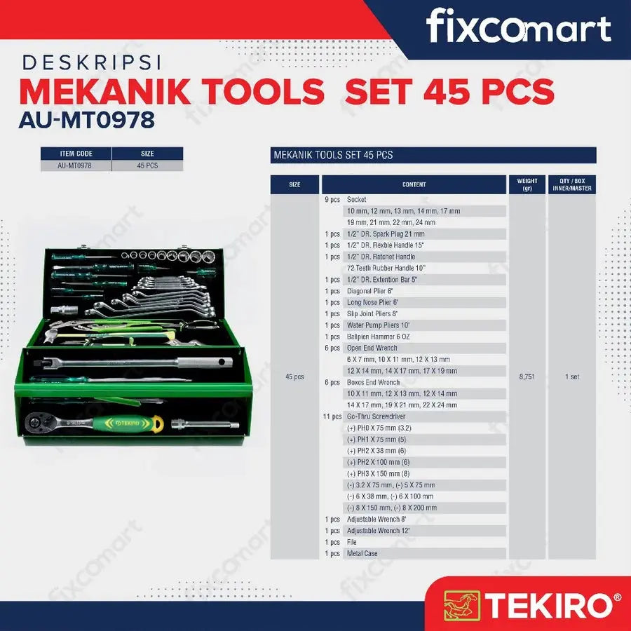 Tekiro Mechanic Tool 45 Pcs / Tekiro Tool Set / Tekiro Automotive Tool Set FIXCOMART