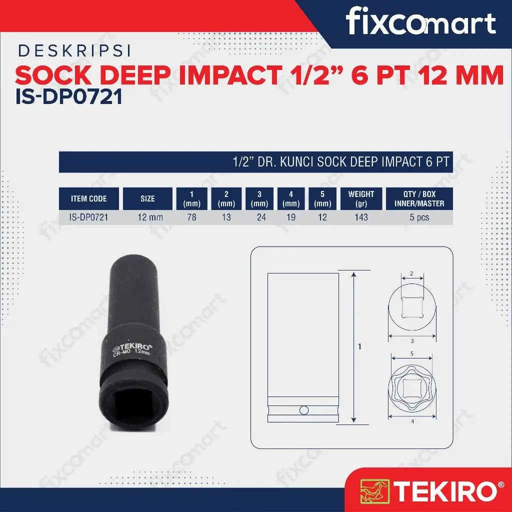 Tekiro Mata Sock Deep Impact 1/2 Inch 12 Mm 6Pt FIXCOMART