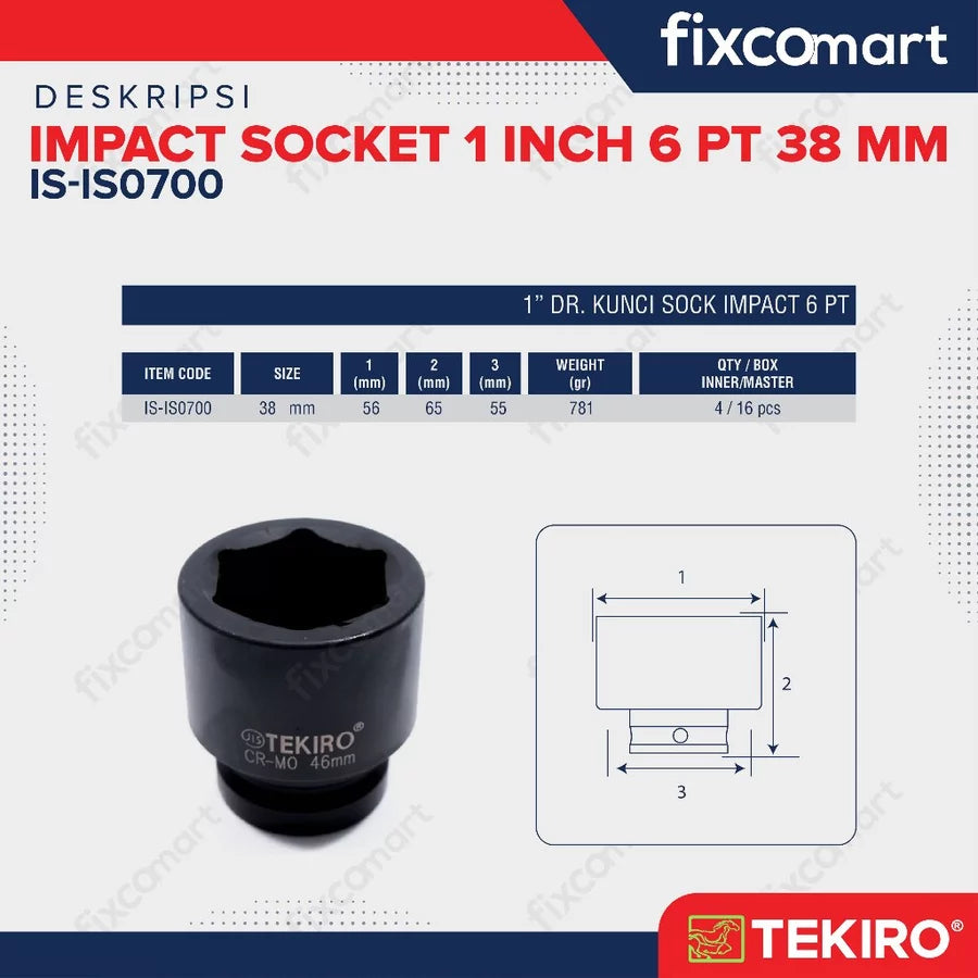 Tekiro Impact Socket 1 inch 6 PT 38 mm / Mata Sock Impact