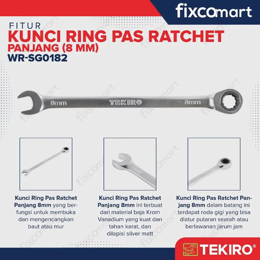 Tekiro Kunci Ring Pas Ratchet Panjang 8 mm FIXCOMART