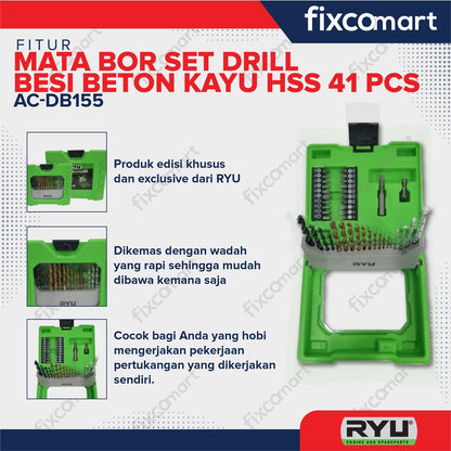 Ryu Mata Bor Set Drill Besi Beton Kayu Hss 41 Pcs - Paket Mata Obeng