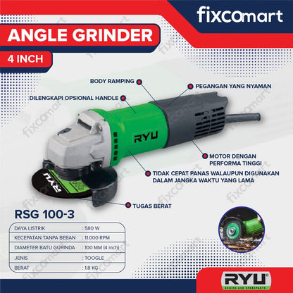 Ryu Angle Grinder Rsg 100-3 / Mesin Gerinda Tangan 4 Inch 4" / Gurinda / Grinda