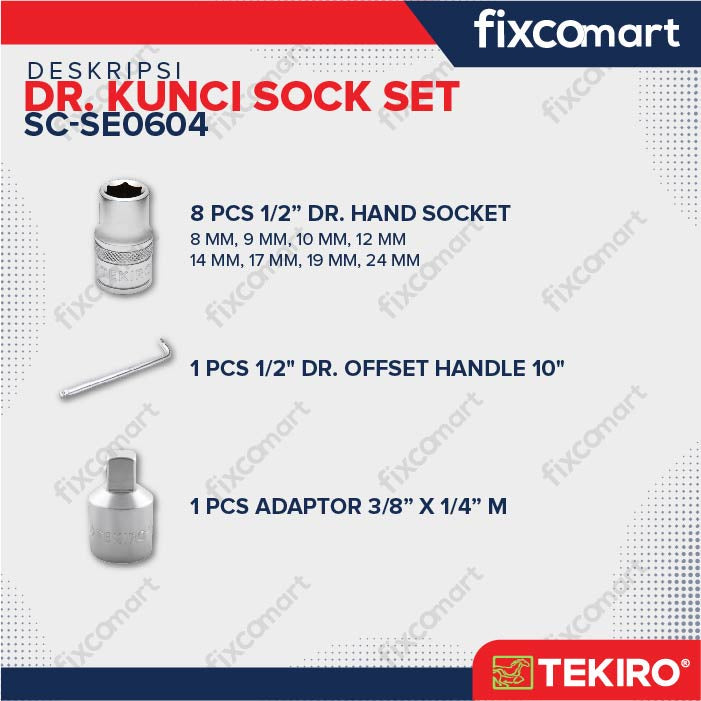Tekiro Socket Set 1/2 Inch 10 Pcs 6Pt (8-24 Mm) Box Plastik