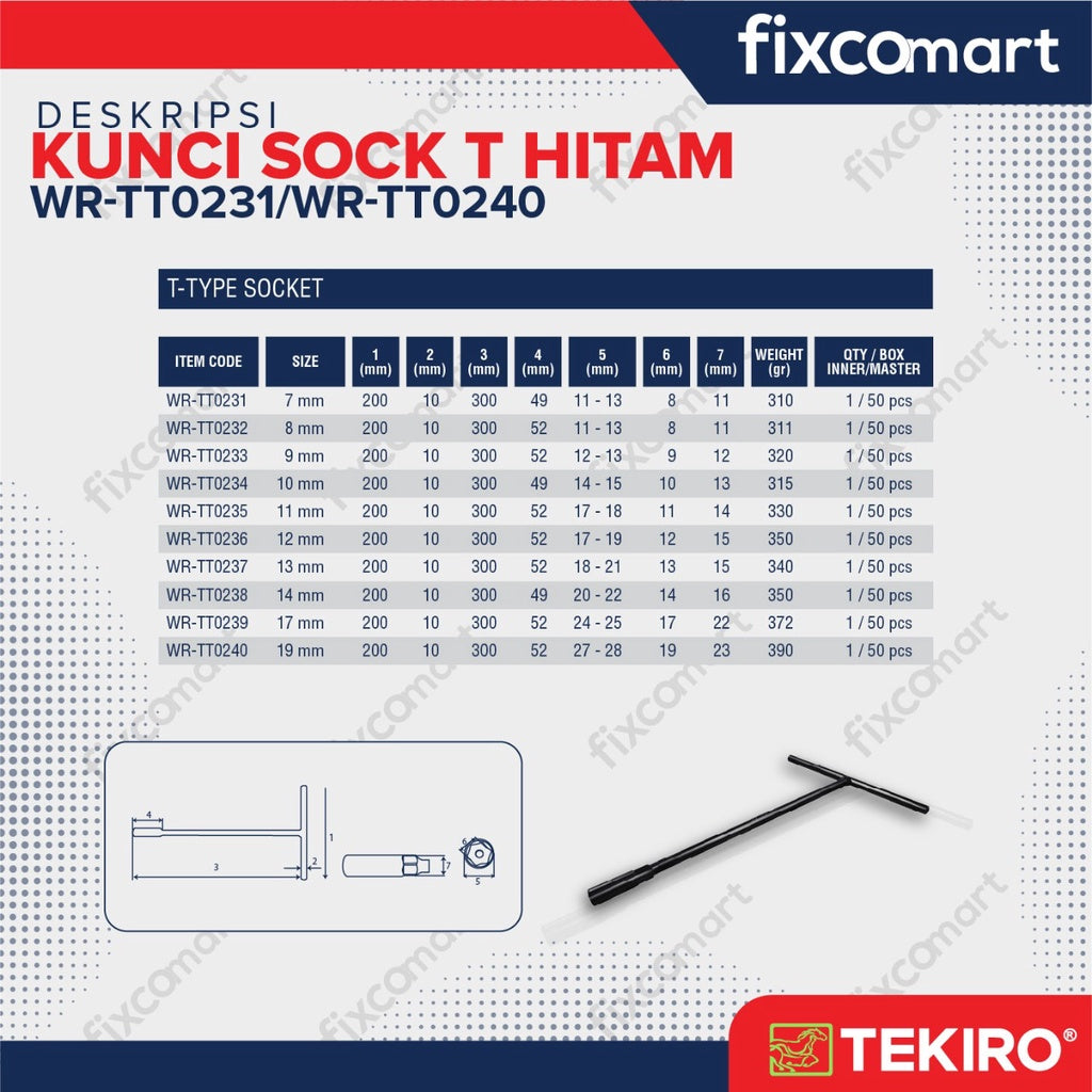FIXCOMART - Tekiro Kunci Sok T Hitam Satuan Ukuran 7 - 19 mm - Kunci Shock T Tekiro