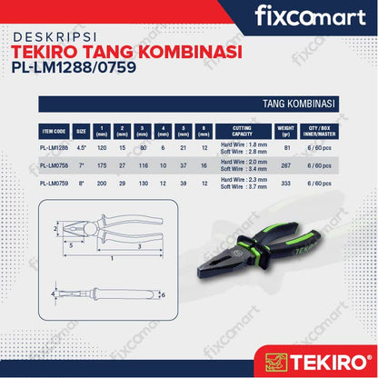 TEKIRO TANG KOMBINASI / LANCIP / POTONG LINESMAN / LONG NOSE /  DIAGONAL PLIERS 8 INCH