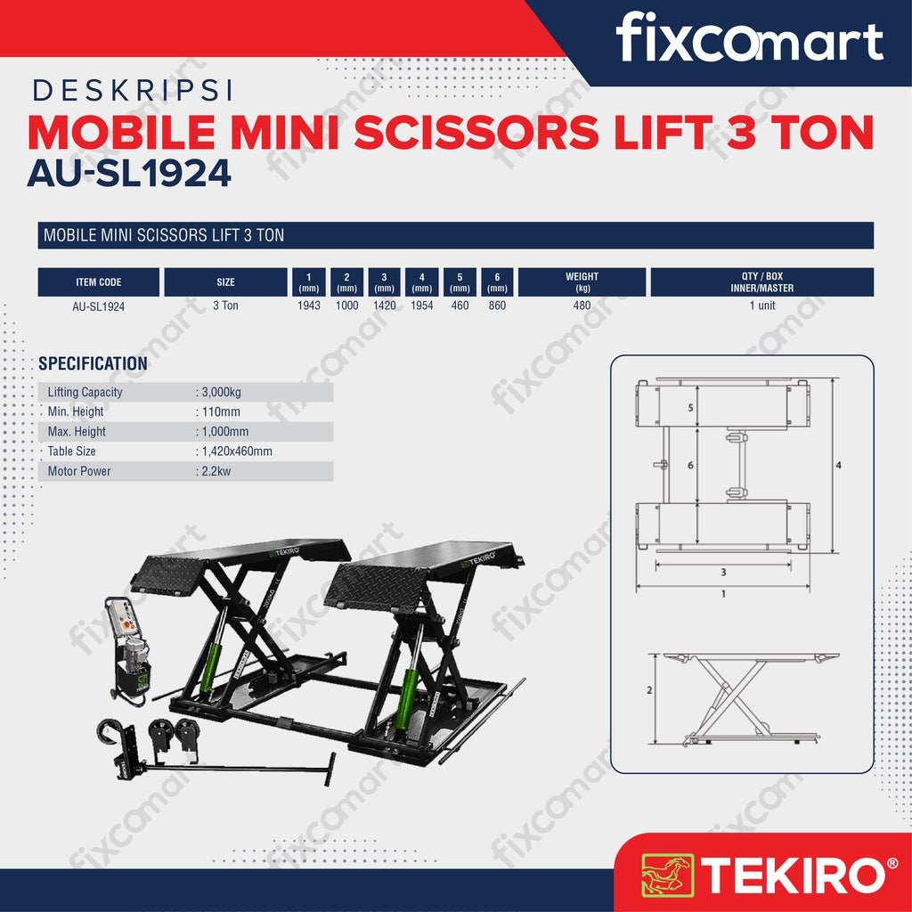 Tekiro Mobile Mini Scissors 3 Ton / Hidrolik Lift Mobil 3 Ton Heavy Duty
