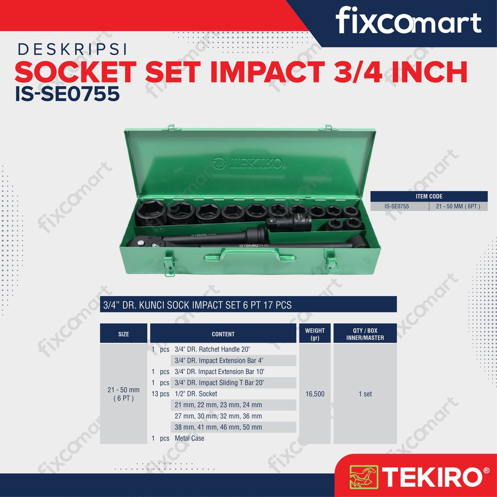 TEKIRO 3/4" Dr.Impact Socket (set) 6 PT 17 PCS