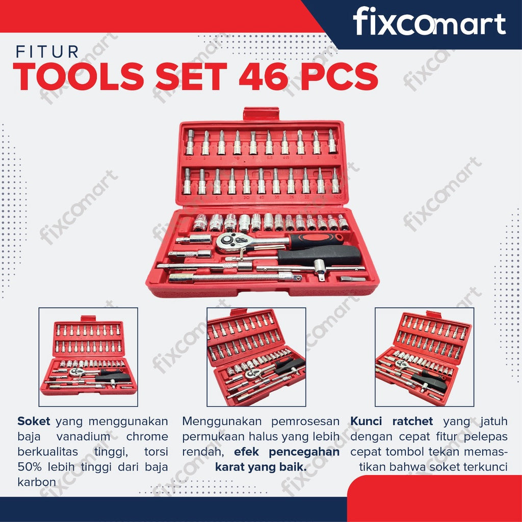 FIXCO Kunci Sok Set 46 Pcs Obeng Socket Set Wrench Tool Set 1/4