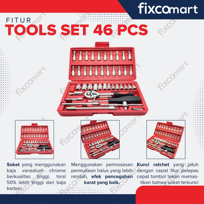 FIXCO Kunci Sok Set 46 Pcs Obeng Socket Set Wrench Tool Set 1/4