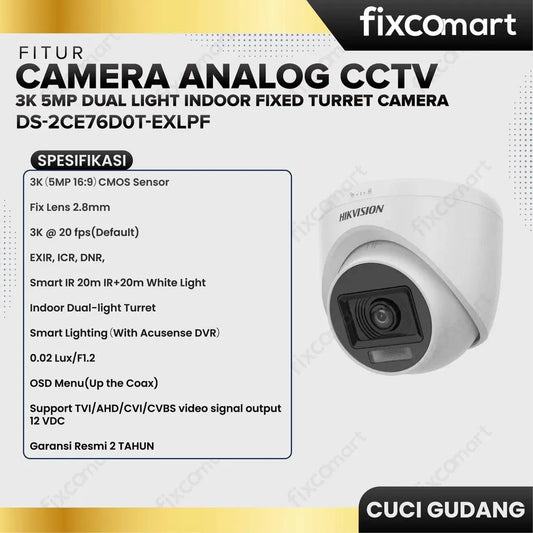 Kamera Pengawas CCTV HIKVISION - 3K 5MP Dual Light Indoor Fixed Turret Camera Analog Kamera Keamanan FIXCOMART