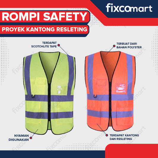 Rompi Safety Proyek Kantong Resleting Safety Vest Jaring Parkir Motor Mobil Konstruksi