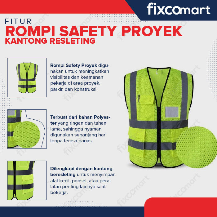 Rompi Safety Proyek Kantong Resleting Safety Vest Jaring Parkir Motor Mobil Konstruksi