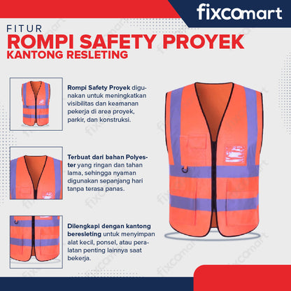 Rompi Safety Proyek Kantong Resleting Safety Vest Jaring Parkir Motor Mobil Konstruksi