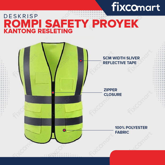 Rompi Safety Proyek Kantong Resleting Safety Vest Jaring Parkir Motor Mobil Konstruksi